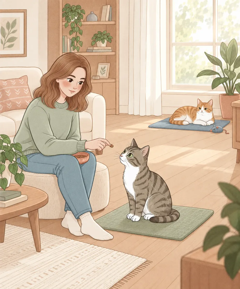 A woman rewards a tabby on one mat while a ginger-and-white cat rests on a separate mat farther across the room.