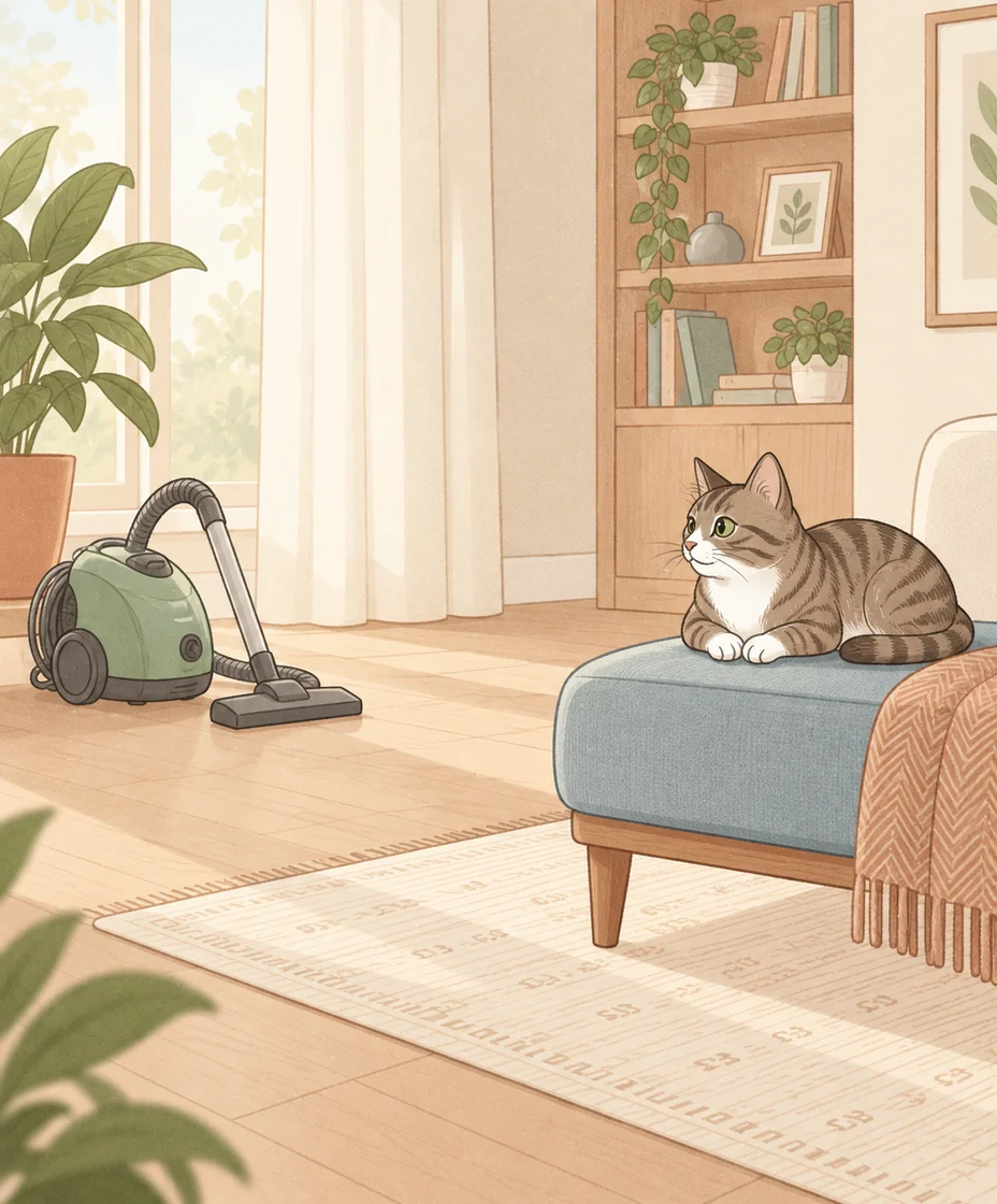 A tabby rests awake on a blue cushioned seat across a clear floor from a stationary green canister vacuum.
