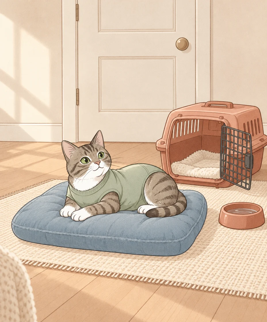A tabby in a sage recovery suit rests on a low blue cushion beside an open terracotta carrier, with a closed room door behind them.