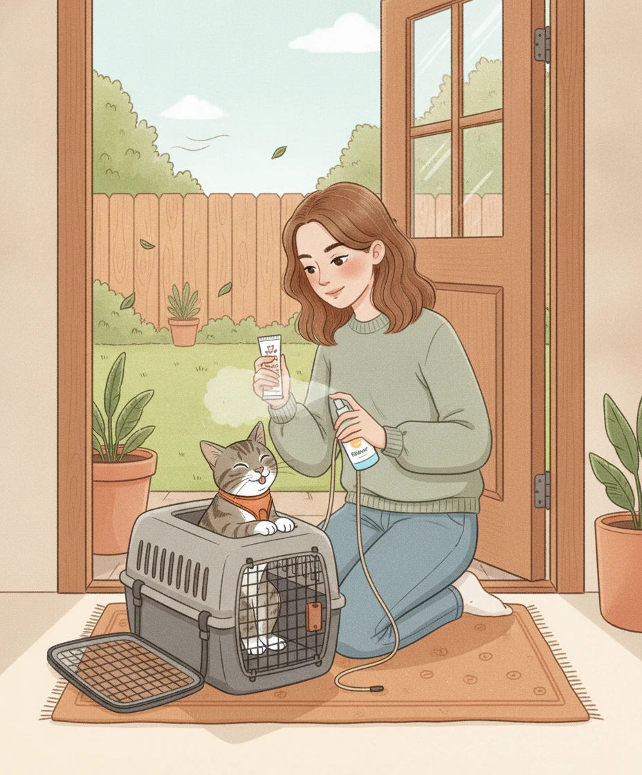 A grey-brown tabby in an orange harness sits happily in an open carrier at an open back door while a kneeling woman holds a lick treat, with a fenced garden outside.
